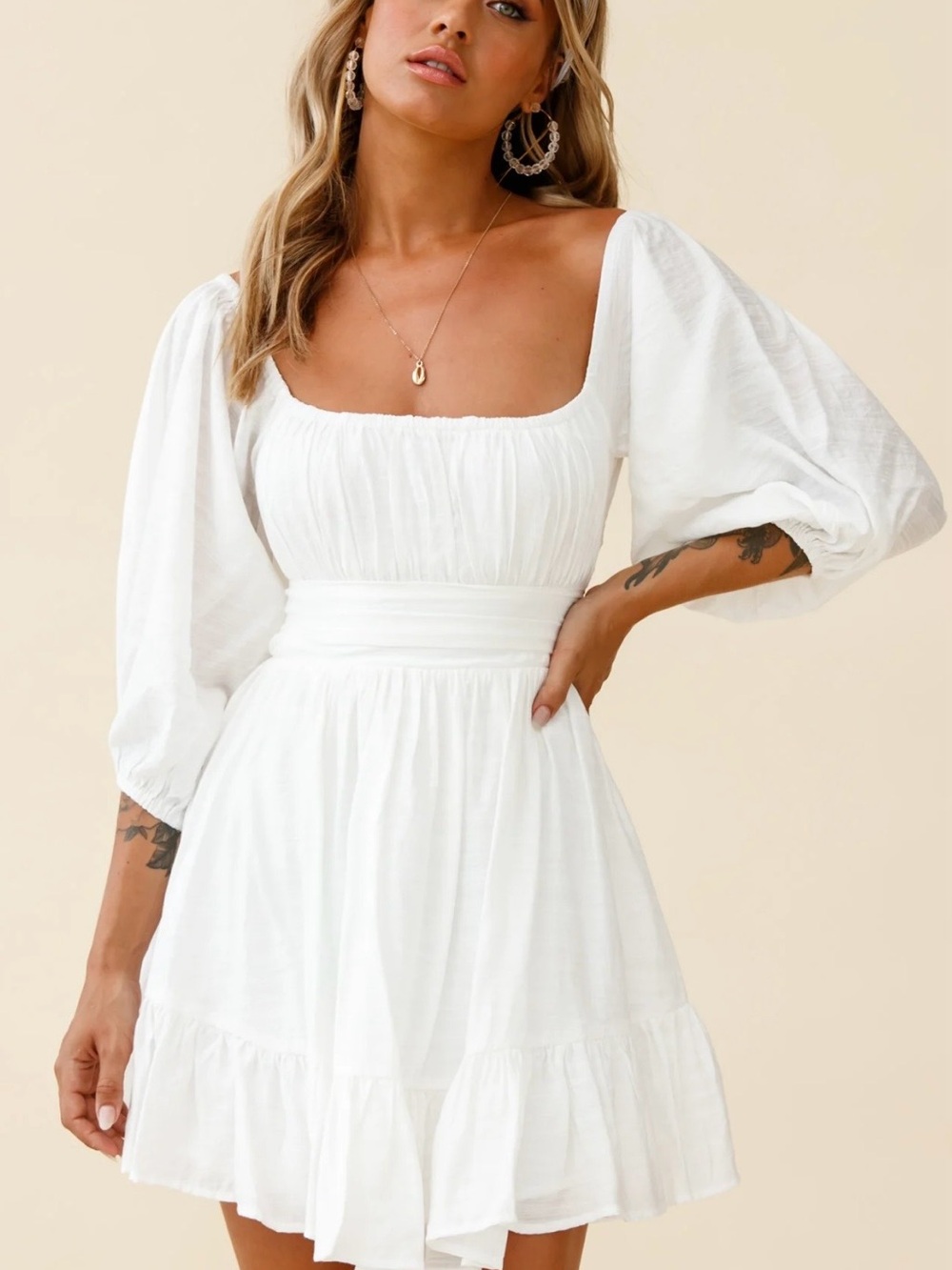 Selfie Leslie Square Neck White Mini Dress with Puff Sleeves
